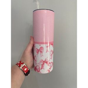 Skinny Tumbler Women 20oz Pink White Coquette Watercolor Bows Faux Leather Print
